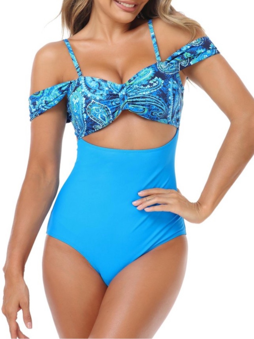 Missky Blue Paisley Off The Shoulder 1 Piece Monokini Swim Suit